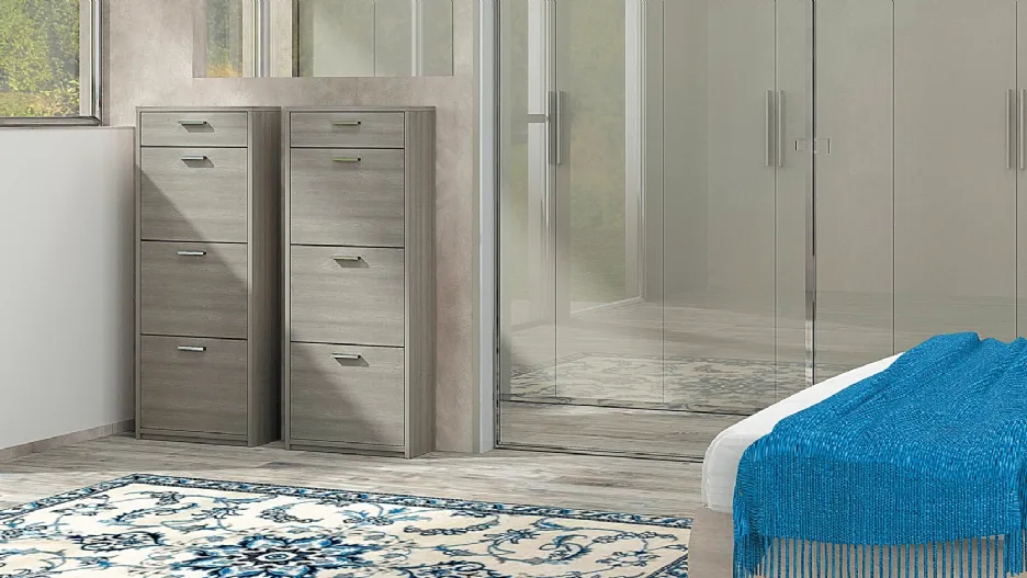 Scarpiera Serie Vanplex in melaminico Rovere Grigio con vano portaspazzole e anta a ribalta di Maxscarpiere