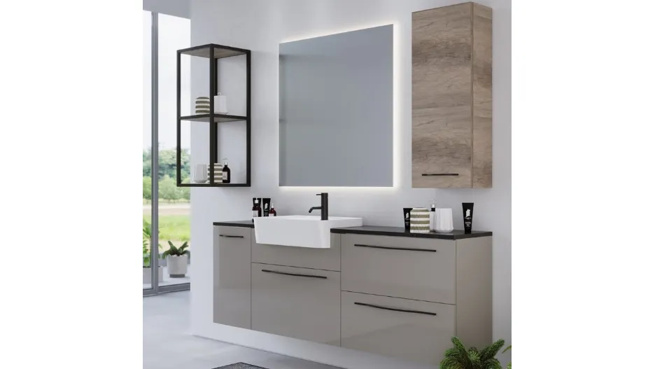Mobile da Bagno sospeso in laccato opaco, melaminico effetto legno e alluminio Arborea Comp 04 di Maxbagni