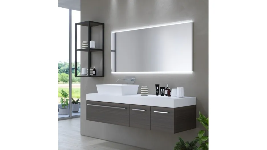 Mobile da Bagno sospeso in melaminico effetto legno e alluminio con top in mineralmarmo bianco lucido Arborea Comp 05 di Maxbagni