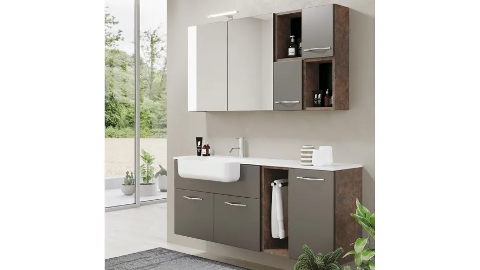 Mobile da Bagno sospeso in melaminico con top in mineralsolid bianco opaco con vasca integrata Arborea Comp 06 di Maxbagni