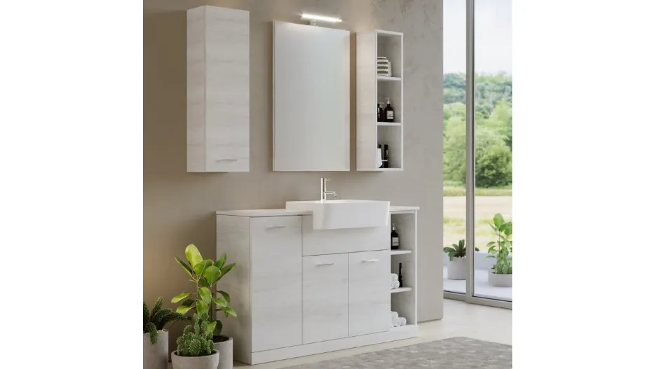 Mobile da Bagno a terra in melaminico bianco nuvola effetto legno con top in quarzo e lavabo a semincasso in mineralmarmo bianco lucido Arborea Comp 07 di Maxbagni