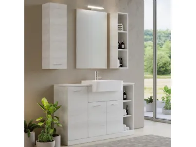 Mobile da Bagno a terra in melaminico bianco nuvola effetto legno con top in quarzo e lavabo a semincasso in mineralmarmo bianco lucido Arborea Comp 07 di Maxbagni
