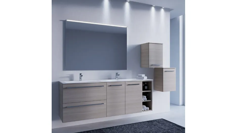 Mobile da Bagno sospeso in melaminico effetto legno Arborea con top in mineralsolid bianco opaco Comp 09 di Maxbagni