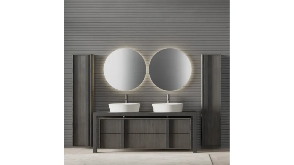 Mobile da Bagno a terra in melaminico effetto legno Havana e HPL Pietra Lavica Essenza Comp 02 di Maxbagni