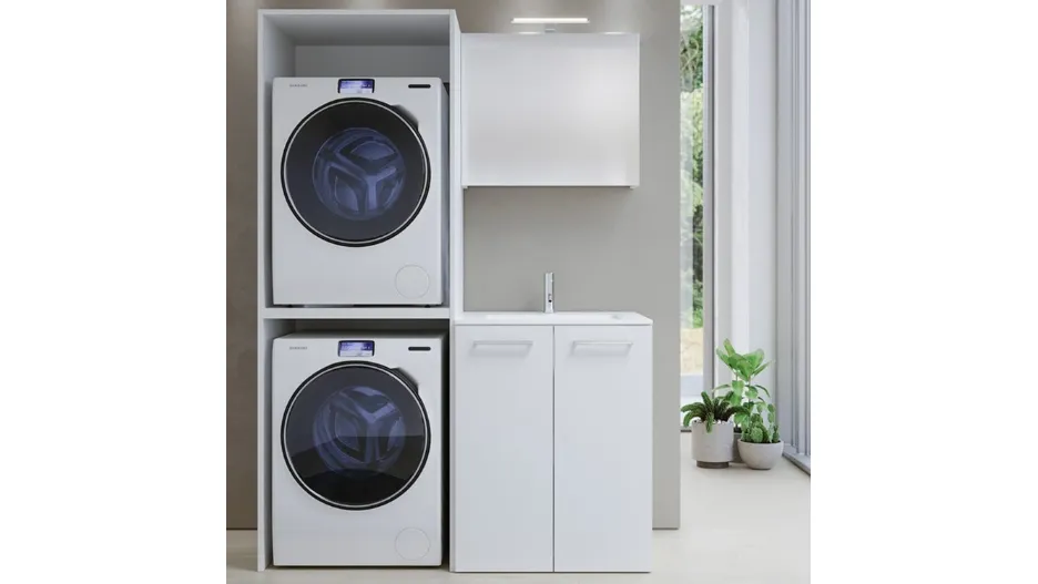 Mobile da Bagno Lavanderia in melaminico bianco perla con top in mineralmarmo bianco lucido con vasca integrata Arborea Comp 02 di Maxbagni