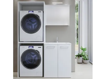 Mobile da Bagno Lavanderia in melaminico bianco perla con top in mineralmarmo bianco lucido con vasca integrata Arborea Comp 02 di Maxbagni