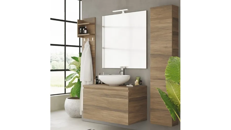 Mobile da Bagno sospeso in melaminico effetto legno Noce Canaletto Woodal Compo 04 di Maxbagni