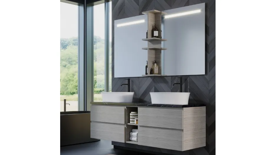 Mobile da Bagno sospeso in melaminico effetto legno con top in quarzo Woodal Comp 07 di Maxbagni