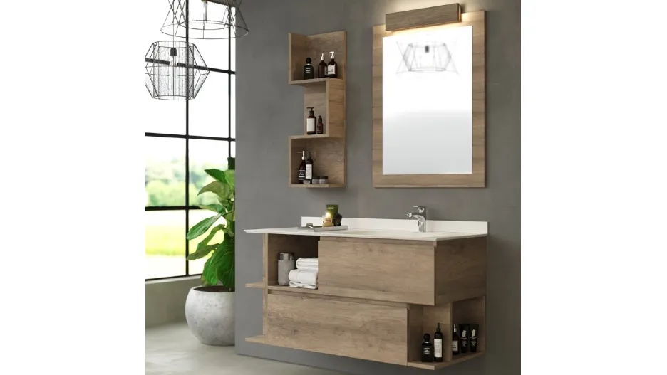 Mobile da Bagno sospeso in melaminico effetto legno con top e alzatina in Cristalplant bianco opaco Woodal Compo 08 di Maxbagni