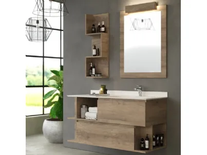 Mobile da Bagno sospeso in melaminico effetto legno con top e alzatina in Cristalplant bianco opaco Woodal Compo 08 di Maxbagni