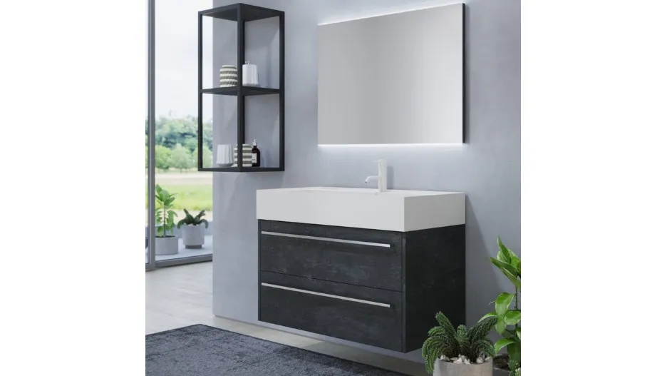 Mobile da Bagno sospeso in melaminico con struttura a giorno in alluminio nero Woodal Top Comp 03 di Maxbagni