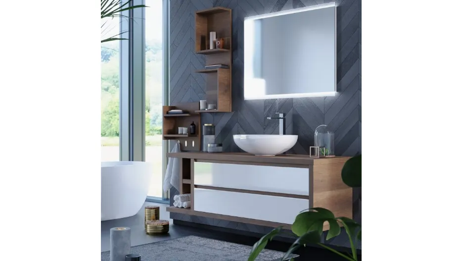 Mobile da Bagno sospeso in laccato bianco lucido e melaminico legno cotto Woodal Top Compo 06 di Maxbagni