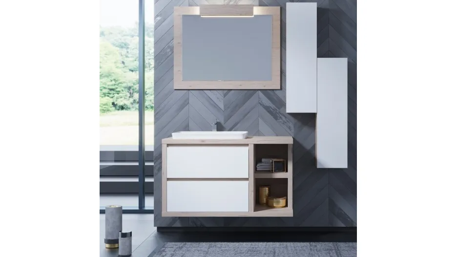 Mobile da Bagno sospeso in laccato bianco opaco e melaminico Rovere Canyon Woodal Top Compo 07 di Maxbagni