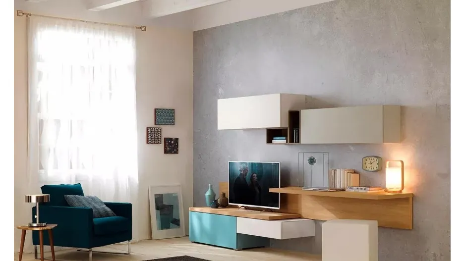 Parete Attrezzata moderna in essenza legno d'olmo abbinata al laccato dei wallbox LV107 Moretti Compact