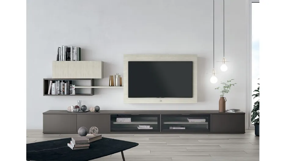 Parete Attrezzata Volo S304 in mealminico Grigio Titanio e Rovere Gesso di Colombini Casa